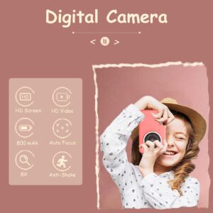 Compact Cute Dual Lens Digital Camera, 2.5K HD Selfie Camera with 8X Zoom for Students (Pink)