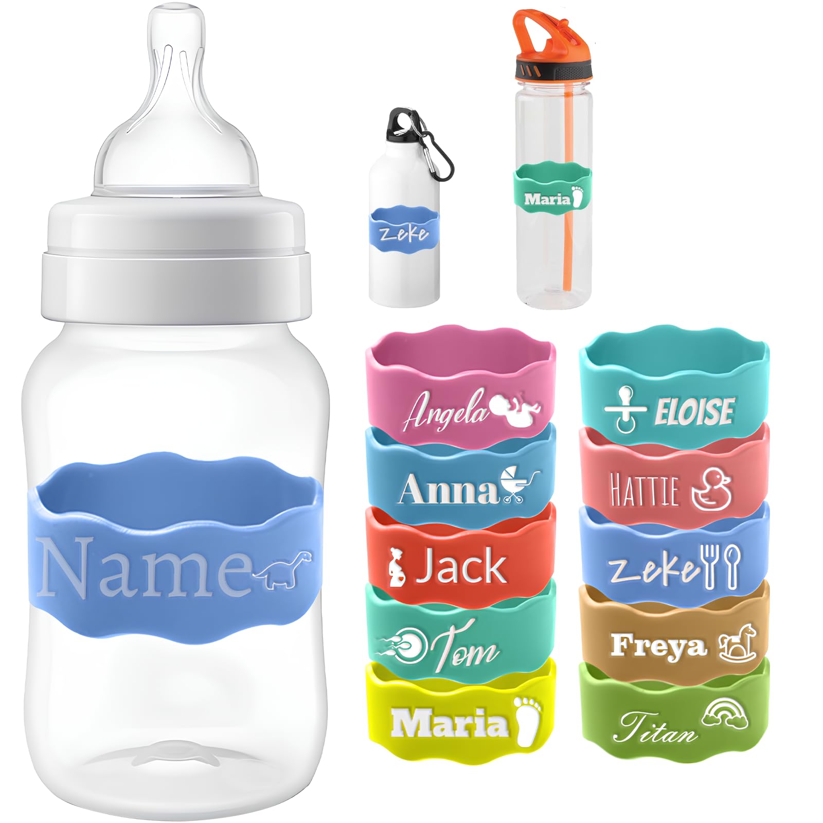 Personalized Water Bottle Name Bands Custom Baby Bottle Labels for Daycare School Resilient Silicone Engraved Colorfast Reusable Labels