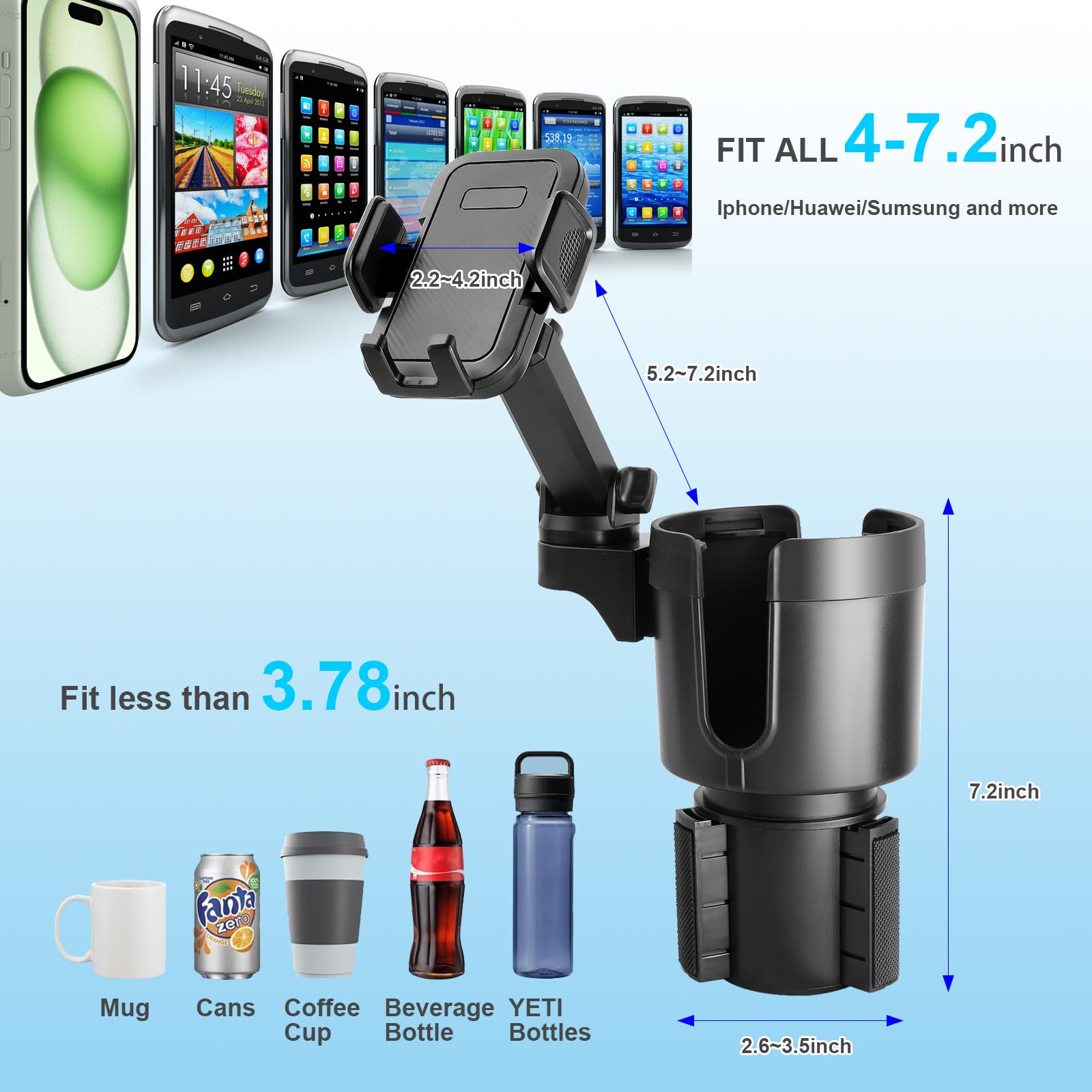 Jkapy Cup Holder Phone Mount for Car,2 in 1 Cup Holder Expander for Car with 360°Rotation Long Arm Phone Holder Cell Phone Holder for Car Compatible with All Smartphones