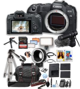 canon eos r8 mirrorless camera body + 128gb pro speed memory + ef-rf lens adapter + led video light + dme 100 microphone +case + tripod + software pack-video bundle