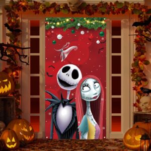 Nightmare Before Christmas Door Cover Jack Skellington Sally Zero Photo Backdrop Halloween Christmas Xmas Winter Holiday Decorations and Supplies for Home Party