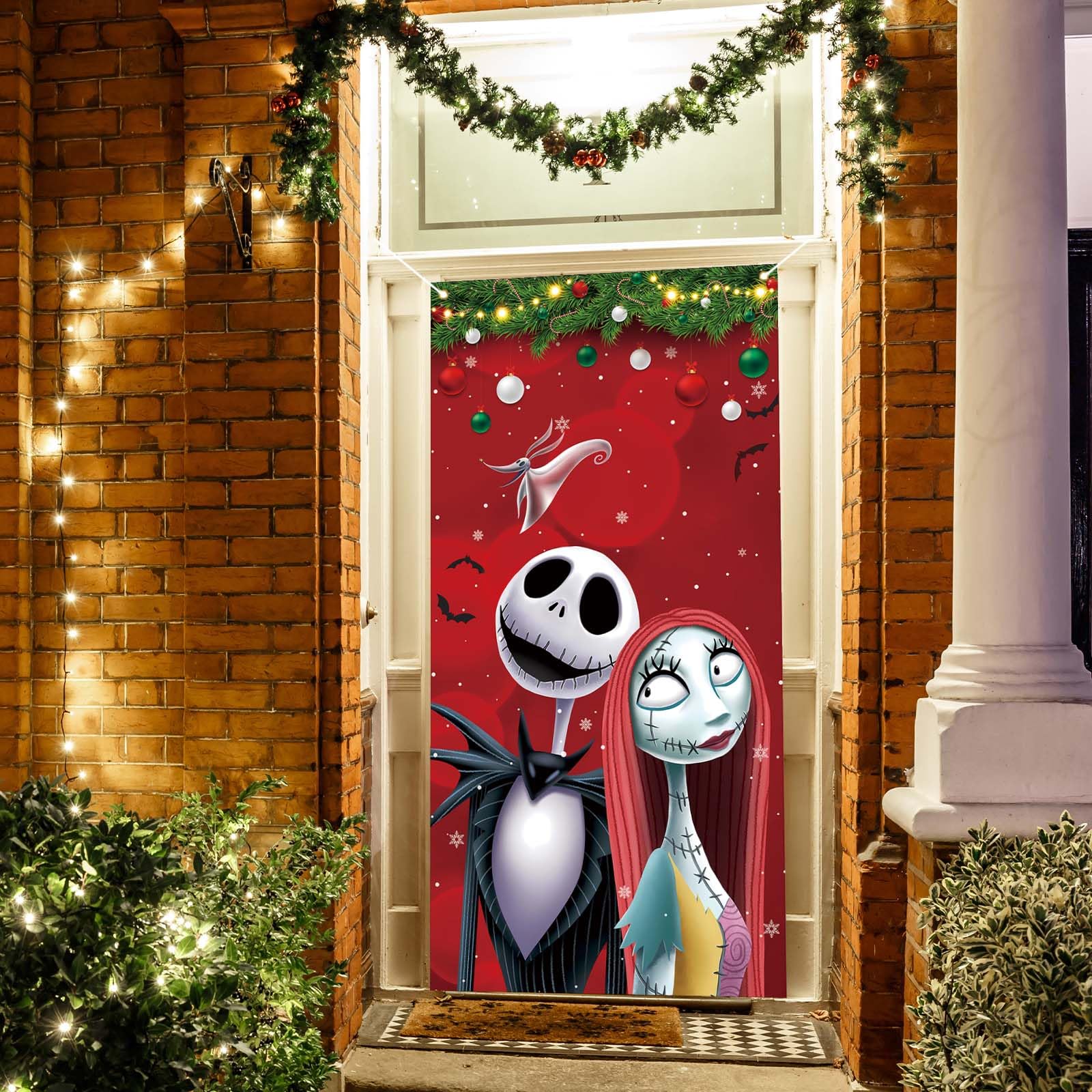 Nightmare Before Christmas Door Cover Jack Skellington Sally Zero Photo Backdrop Halloween Christmas Xmas Winter Holiday Decorations and Supplies for Home Party