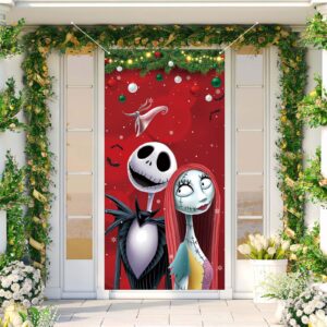 Nightmare Before Christmas Door Cover Jack Skellington Sally Zero Photo Backdrop Halloween Christmas Xmas Winter Holiday Decorations and Supplies for Home Party