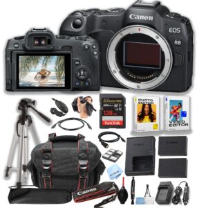 canon eos r8 mirrorless camera body + 128gb pro speed memory + case + tripod + software pack -proffesional bundle