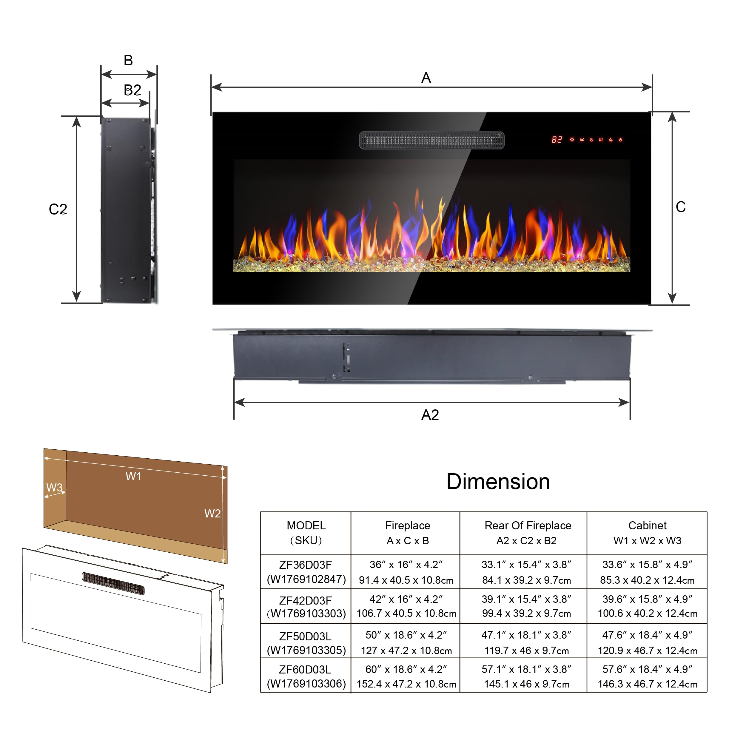 Lofaris Curved Front Electric Fireplace,Freestanding or Wall Mounted Electric Fireplace with Adjustable Flame Color & Remote Control,Realistic Flame Effect,Antique Black