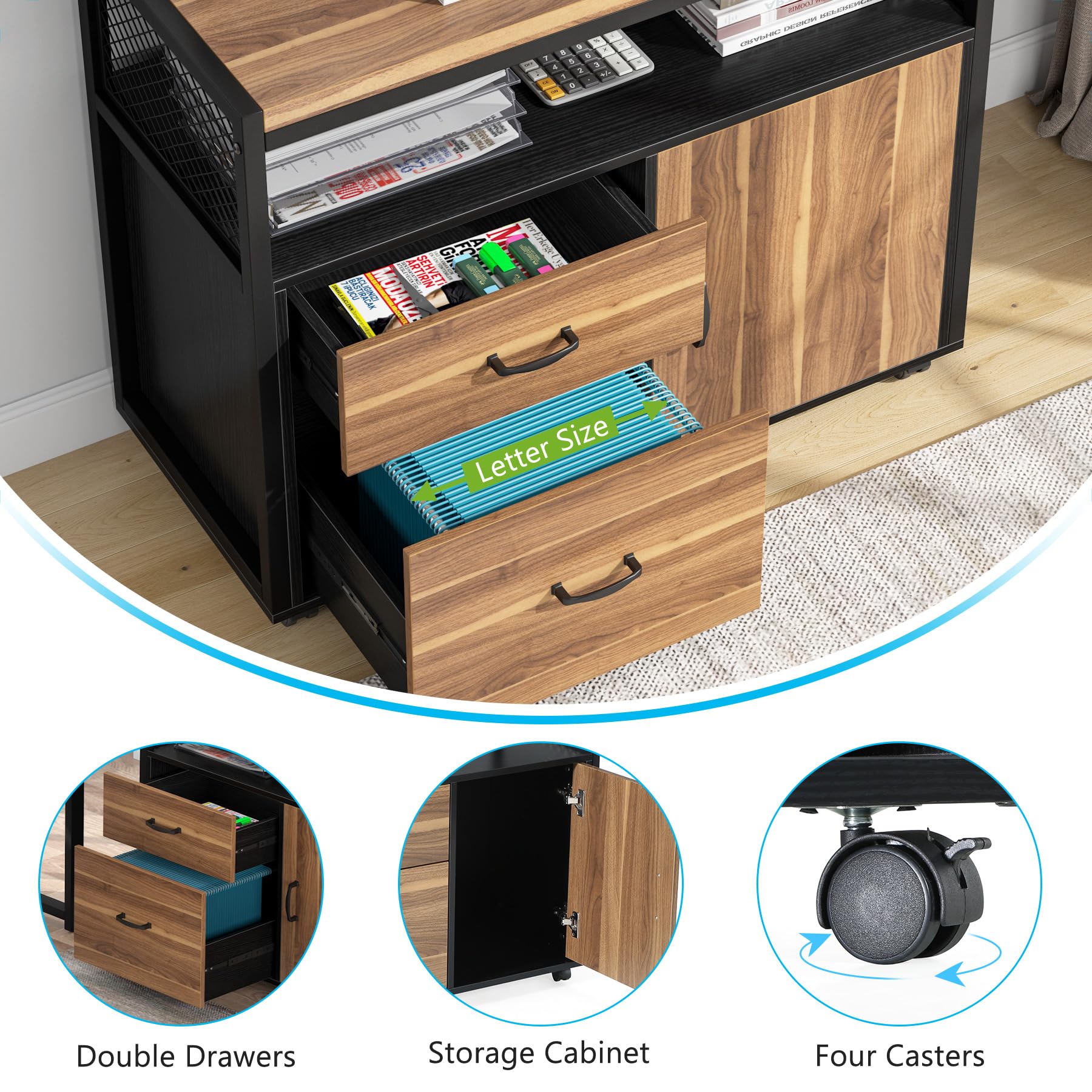 Tribesigns Modern File Cabinet with Drawers for Letter-Size, Lockable lateral Filing Cabinet Printer Stand with Door& Caster for Home Office.Desk Not Included