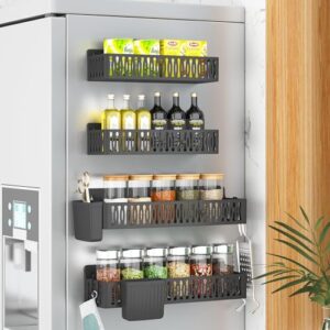 sevenblue 4 pack magnetic spice rack for refrigerator, spice rack organizer, moveable magnetic shelf fridge organizer with 4 hooks and 2 hanging cups for kitchen and oven organization, black