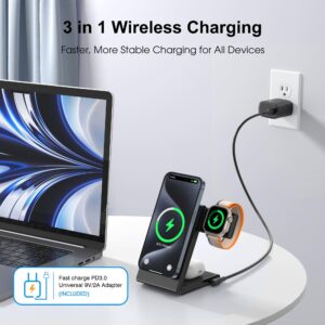 3 in 1 Wireless Charging Station for Multiple Devices, Fast Foldable Travel Mag-Safe Stand for iPhone 15 14 13 12 Pro Max/Plus/Pro/Mini, Magnetic Charger for Apple Watch/AirPods Pro with 20W Adapter