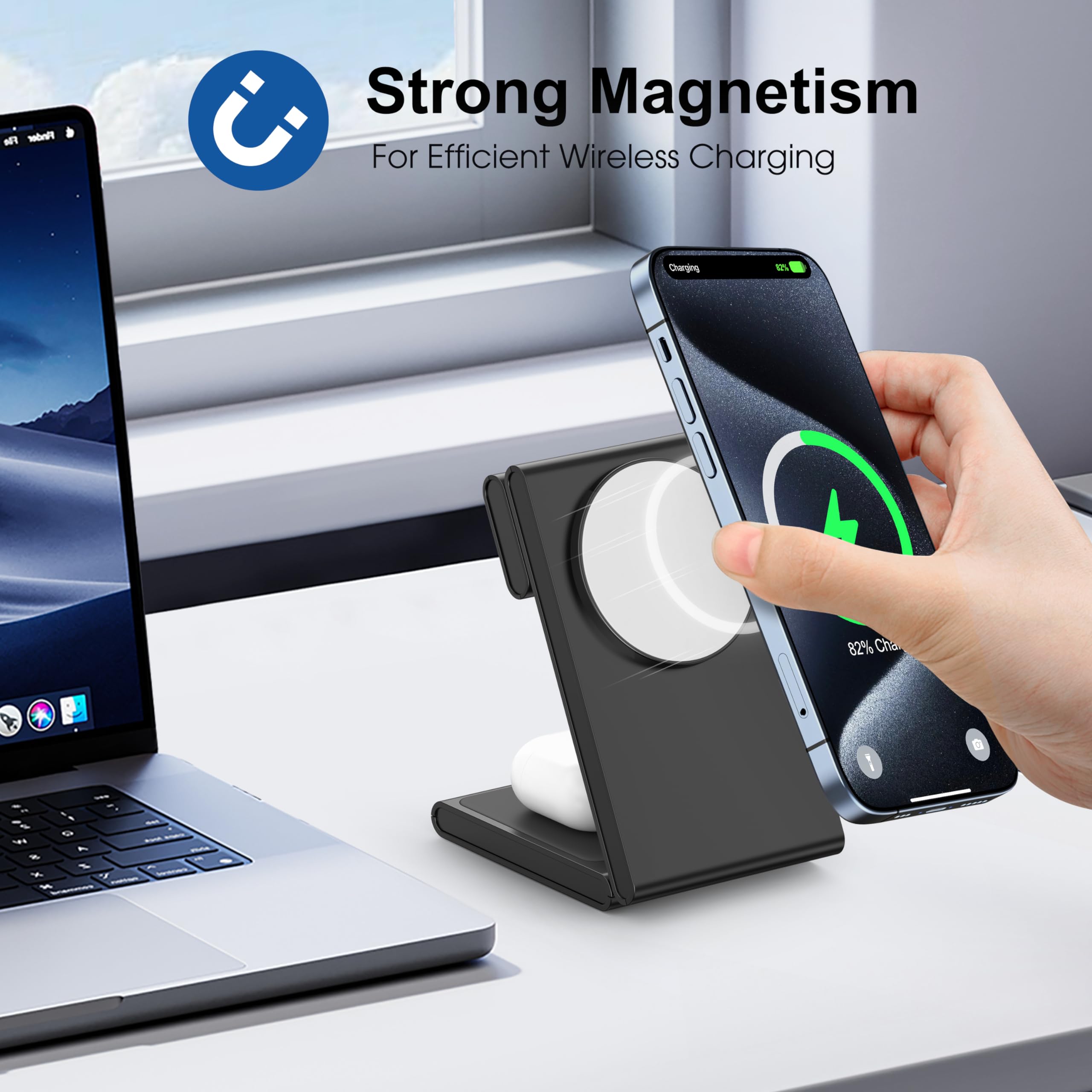 3 in 1 Wireless Charging Station for Multiple Devices, Fast Foldable Travel Mag-Safe Stand for iPhone 15 14 13 12 Pro Max/Plus/Pro/Mini, Magnetic Charger for Apple Watch/AirPods Pro with 20W Adapter