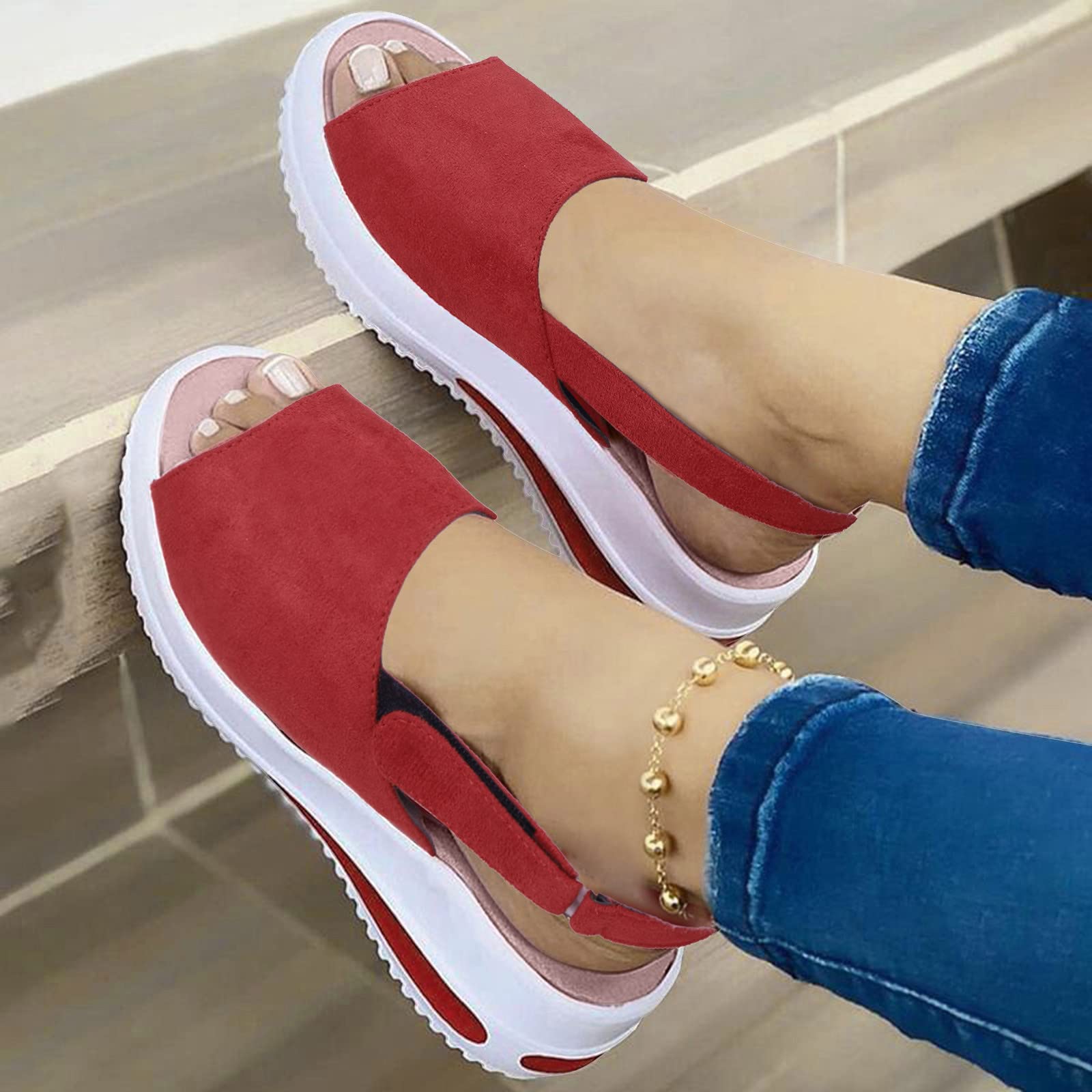 Platform Sneakers for Women Fashion, Ankle Strap Hook & Loop Breathable Casual Wedges Thick Sole, Slip On Knit Elastic Uppper Non-Slip Fitness Sports Shoes, Comfortable Walking Women