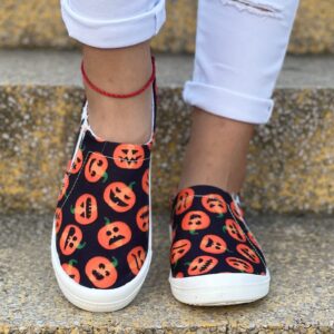 Halloween Shoes for Women Men Tennis Leisure, Fashion Pumpkin Print Bones Strappy Canvas Flatform Padel Shoe Slip On Loafers Comfortable Walking Sneakers