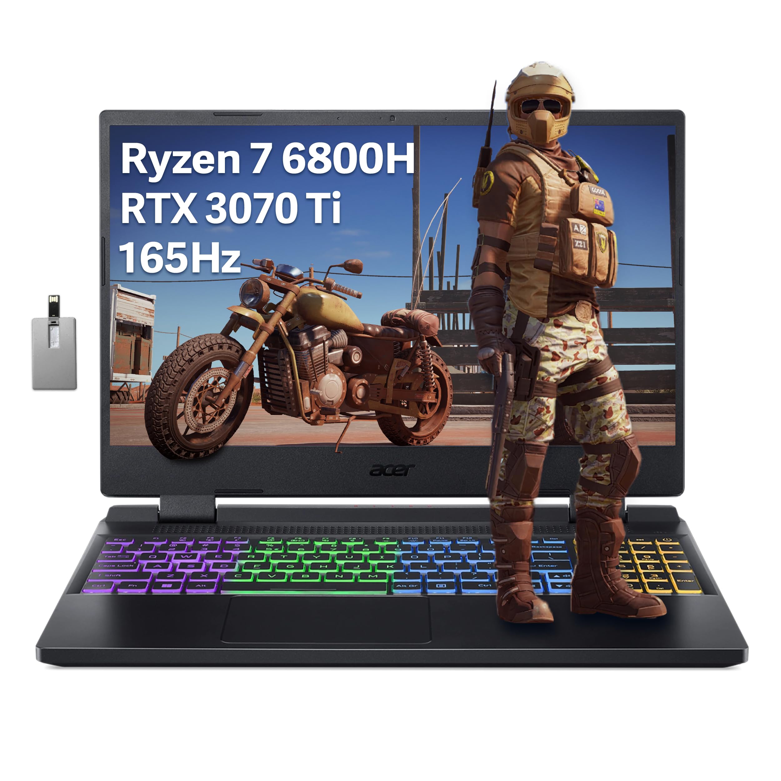 Acer 2023 Nitro5 15.6" QHD 165Hz Gaming Laptop, AMD Ryzen7 6800H, NVIDIA GeForce RTX 3070Ti, 32GB DDR5 RAM, 2TB PCIe SSD, 4-Zone RGB Backlit Keyboard, Wi-Fi 6, Win 11 Pro, Black, 32GB USB Card