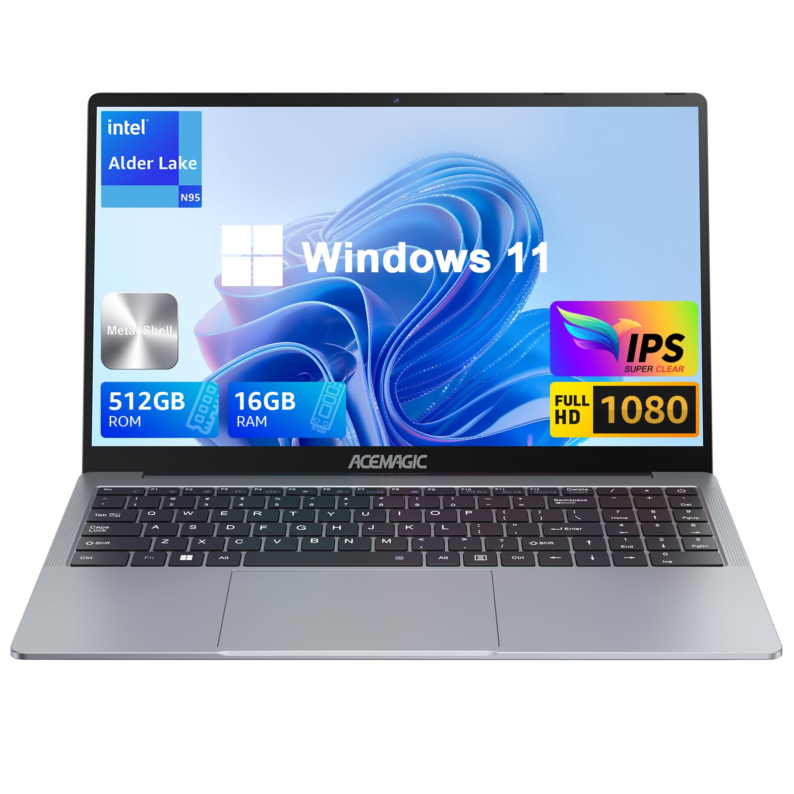 ACEMAGIC Laptop 16GB DDR4 512GB SSD, 12th Gen Alder Lake N95(4C/4T 3.4GHz) Laptop Computer with Light Metal Design, 15.6inch FHD Display, 2.4G/5G WiFi, BT5.0, Webcam, Type_C, USB3.2, Ultra Slim