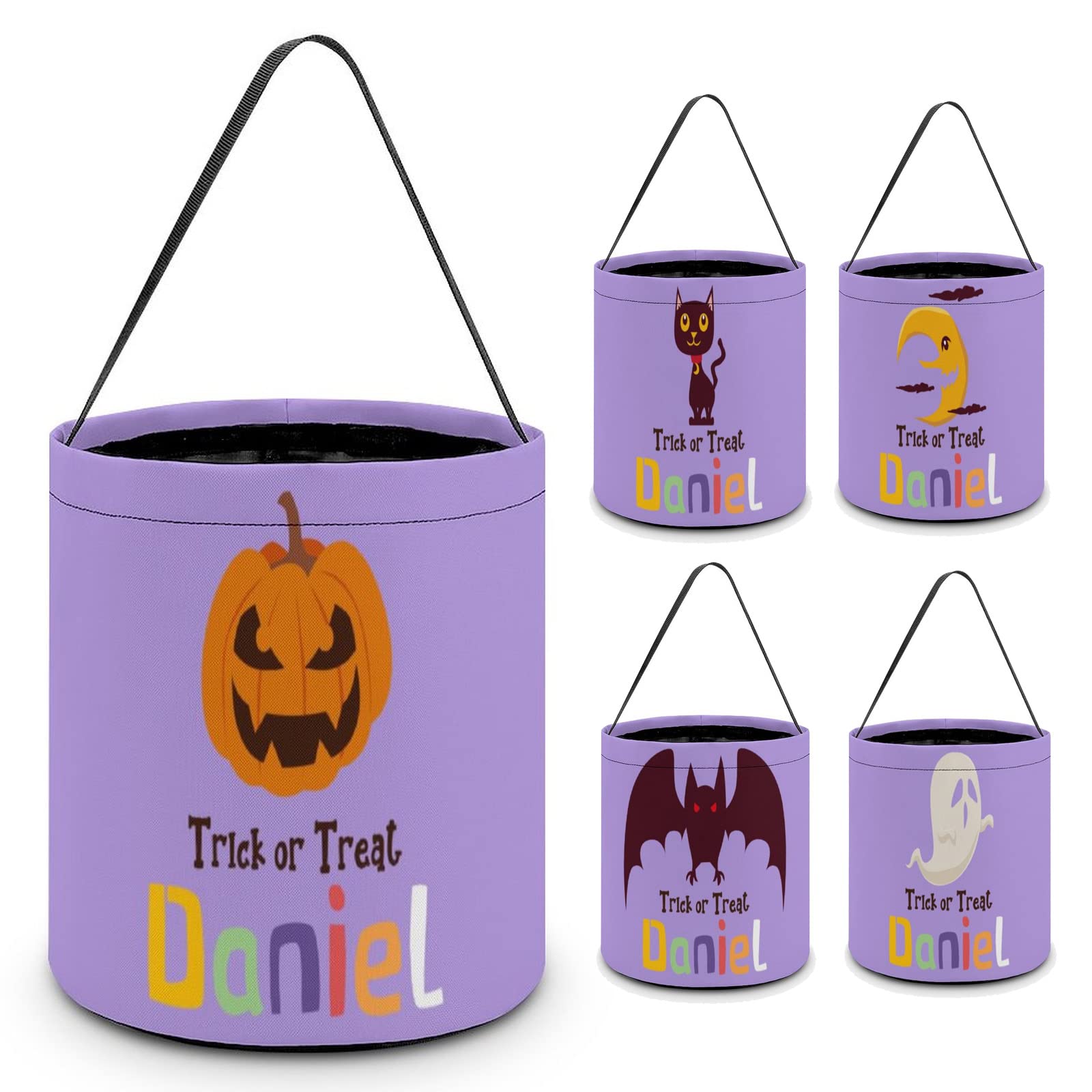 Personalized Halloween Trick or Treat Bucket for Kids Boys Girls Customized Halloween Party Gifts Custom Halloween Tote Bags Pumpkin Bat Candy Bags Basket for Halloween Party Favor Supplies