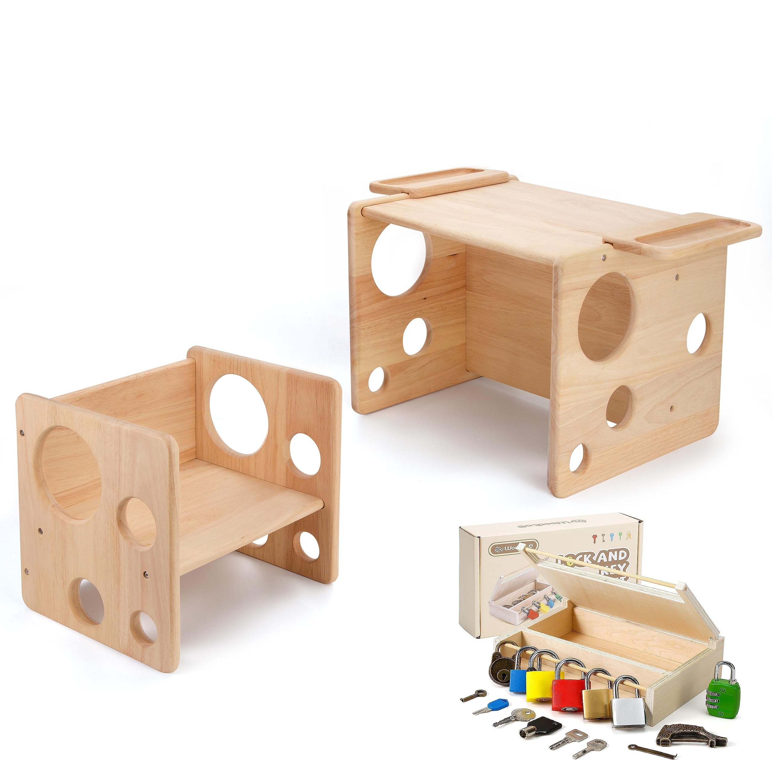 Woodtoe Montessori Weaning Table and Chair Set for Toddler, Natural Solid Wooden Kids Table Cube Chair for Boy Girl, with 8 PCS Montessori Lock and Key Toy Set, Educational Toys for Kids