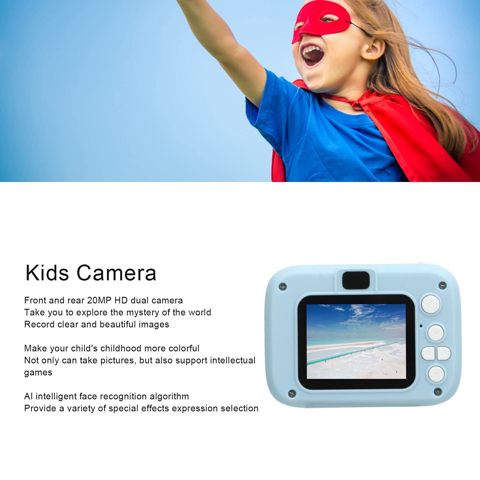 Kids Camera, 20MP Dual Front Rear Cameras Children Camera Various Filter Functions Portable with Flash Light for Outdoor (Blue)