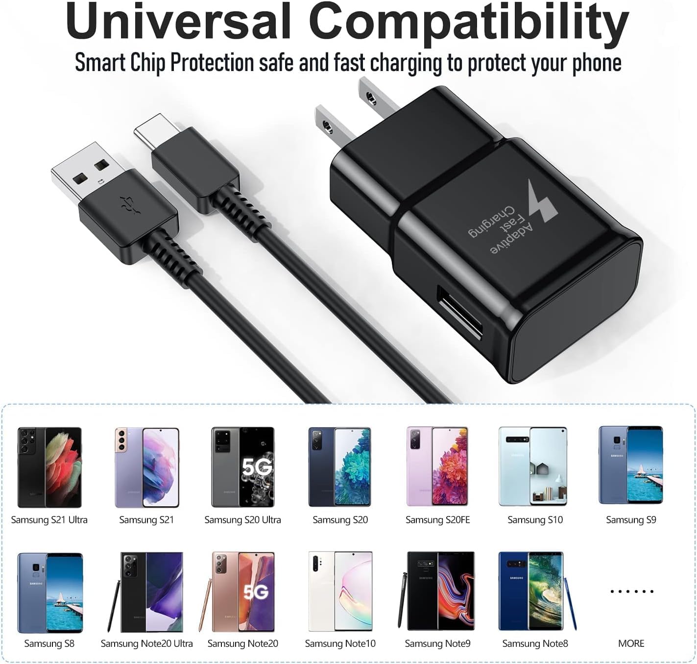 Adaptive Fast Charging Block with 6.6FT USB Type C Cable Compatible with Samsung Galaxy S9 S9 Plus S8 S8+ S10 S10e Note 8 Note 9 A32, A40, A41, A42, A50