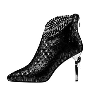 XIAwenYUAN Woman Fashion Pointed Toe Ankle Booties Stilettos Rhinestone Zipper Boots Sexy Stiletto with High Heel (Black, 7)