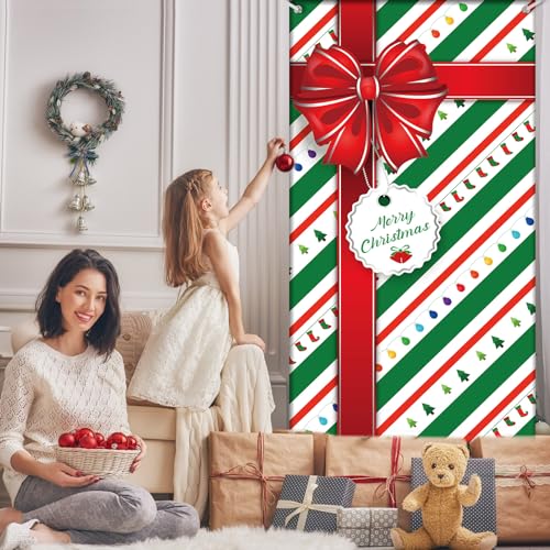 WovWeave 2 Pcs Christmas Door Cover Merry Christmas Front Door Hanging Banner 71 x 35 Inch Xmas Gifts Box and Elves Delivering Gifts Backdrop Door Cover for Holiday Indoor Outside Party Supplies