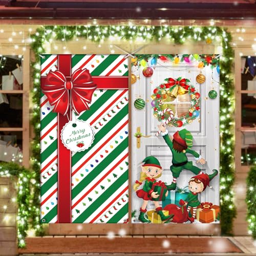 WovWeave 2 Pcs Christmas Door Cover Merry Christmas Front Door Hanging Banner 71 x 35 Inch Xmas Gifts Box and Elves Delivering Gifts Backdrop Door Cover for Holiday Indoor Outside Party Supplies