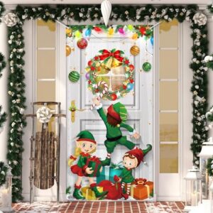 WovWeave 2 Pcs Christmas Door Cover Merry Christmas Front Door Hanging Banner 71 x 35 Inch Xmas Gifts Box and Elves Delivering Gifts Backdrop Door Cover for Holiday Indoor Outside Party Supplies