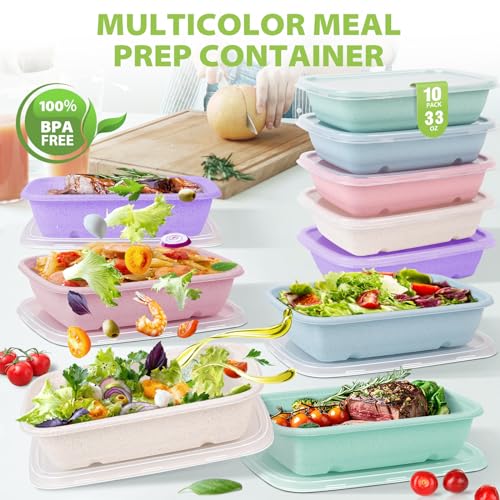 Freshmage® 33OZ Meal Prep Container Reusable,Multicolor 10 Pack Thicker Lunch Prep Food Storage Containers with Lids for Adult On-the-Go Meals,BPA-Free & Microwave Safe