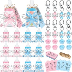 trelaco 68 pcs baby shower bottle favor 20 pcs mini milk bottles 20 pcs angel keychains baby shower favors 20 pcs thank you tags 8 pcs artificial flower for boy girl newborn baptism (blue and pink)