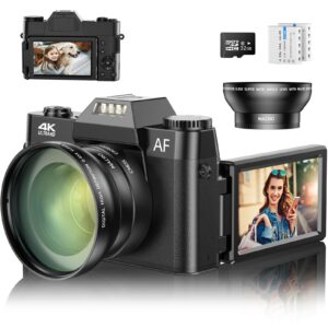 digital camera 4k 56mp vlogging camera with 3'' 180-degree flip screen, 16x digital zoom camera for photography with auto focus & 32gb card & 2 batteries for teens students kids boys girls