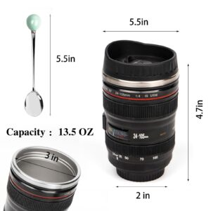 AMZHUB Camera Lens Coffee Mug,Travel Coffee Cup,Stainless Steel Lens Mug Thermos Camera Lens Mug with Lid and Spoon,Cool Gifts for Photographers Men and Women