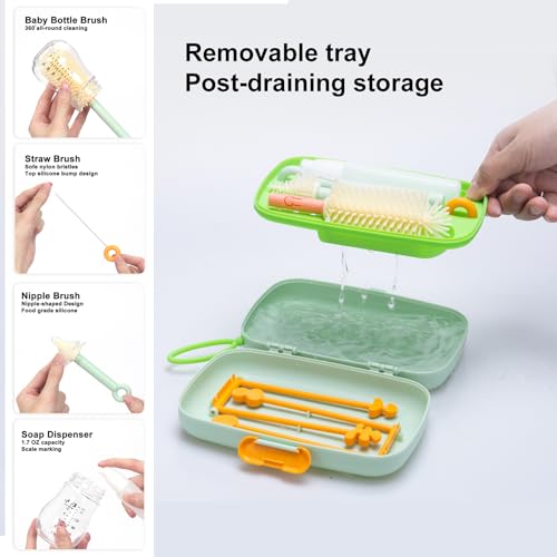 Suvast 7in1 Travel Bottle Cleaner kit,Baby Essentials, with Bottle Brush、Nipple Brush、Straw Cleaner Brush、Soap Dispenser、Bottle Drying Rack、Drainage Tray、Storage Box,Baby Travel Essential (Green)