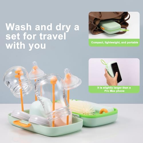 Suvast 7in1 Travel Bottle Cleaner kit,Baby Essentials, with Bottle Brush、Nipple Brush、Straw Cleaner Brush、Soap Dispenser、Bottle Drying Rack、Drainage Tray、Storage Box,Baby Travel Essential (Green)