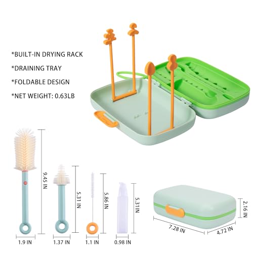 Suvast 7in1 Travel Bottle Cleaner kit,Baby Essentials, with Bottle Brush、Nipple Brush、Straw Cleaner Brush、Soap Dispenser、Bottle Drying Rack、Drainage Tray、Storage Box,Baby Travel Essential (Green)