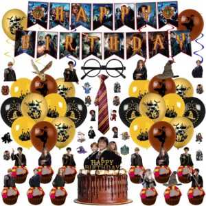 114pcs magical wizard birthday decorations, wizard party decorations include banners, cupcake toppers, hanging swirls, balloons, stickers, wizard tie and glasses for kids birthday party favors