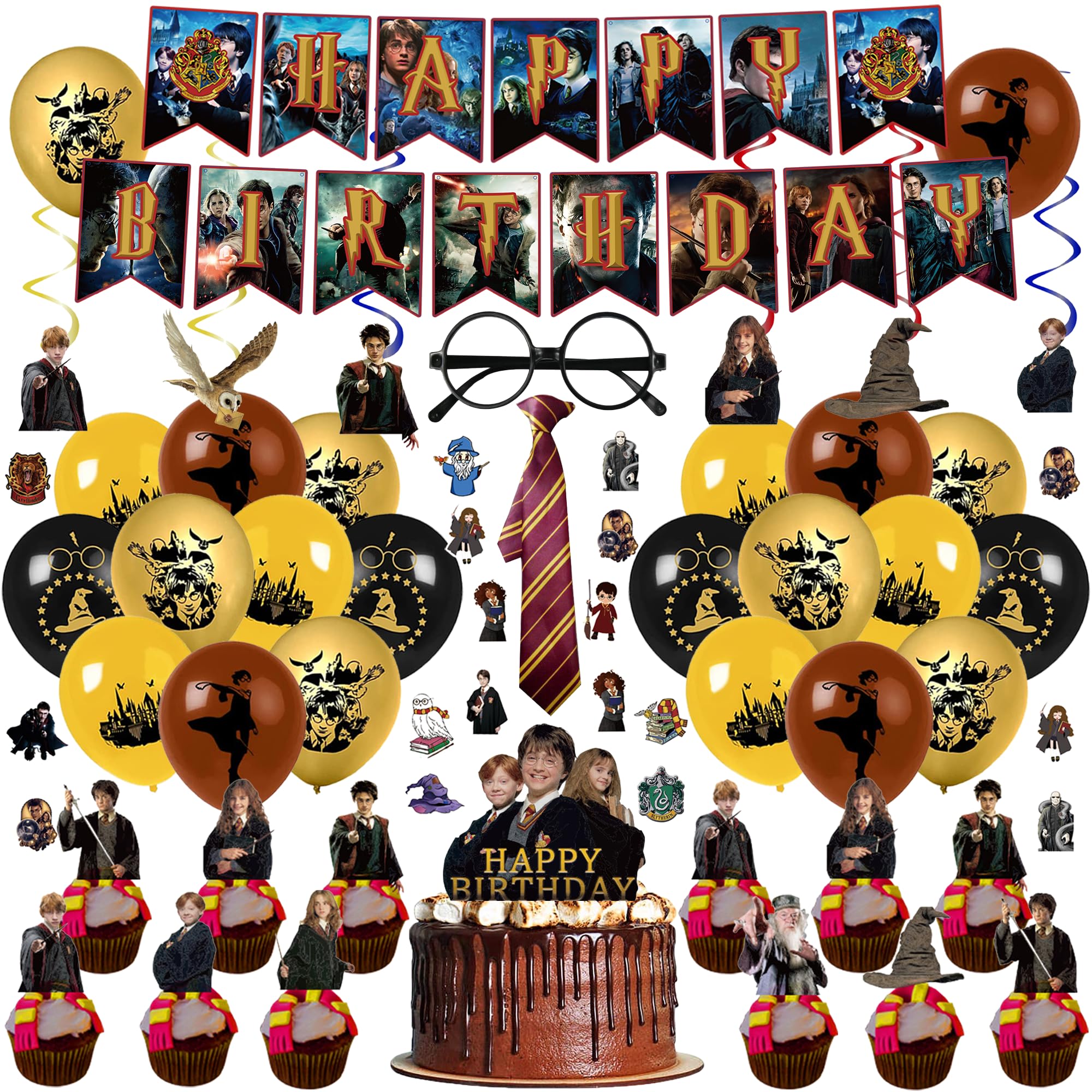 114Pcs Magical Wizard Birthday Decorations, Wizard Party Decorations Include Banners, Cupcake Toppers, Hanging Swirls, Balloons, Stickers, Wizard Tie and Glasses for Kids Birthday Party Favors