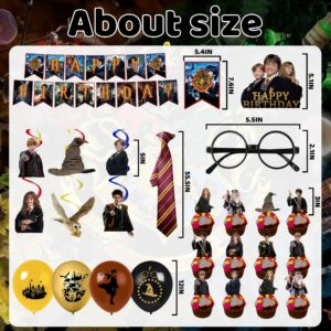 114Pcs Magical Wizard Birthday Decorations, Wizard Party Decorations Include Banners, Cupcake Toppers, Hanging Swirls, Balloons, Stickers, Wizard Tie and Glasses for Kids Birthday Party Favors