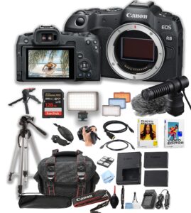 canon eos r8 mirrorless camera body + 128gb pro speed memory + led video light + dme 100 microphone +case + tripod + software pack-video bundle (renewed)