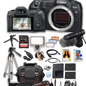 Canon EOS R8 Mirrorless Camera Body + 128GB Pro Speed Memory + Led Video Light + DME 100 Microphone +Case + Tripod + Software Pack-Video Bundle (Renewed)