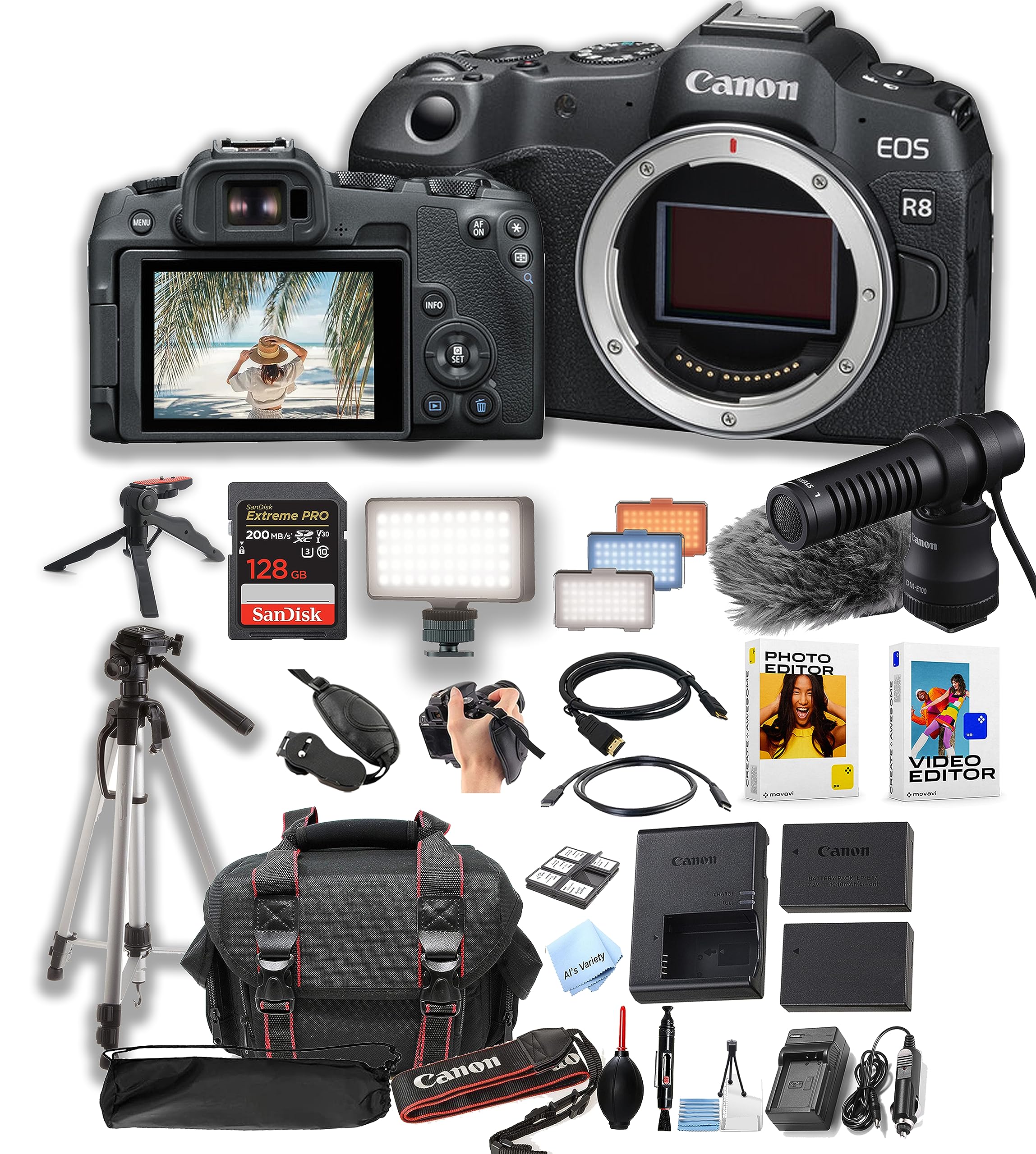 Canon EOS R8 Mirrorless Camera Body + 128GB Pro Speed Memory + Led Video Light + DME 100 Microphone +Case + Tripod + Software Pack-Video Bundle (Renewed)