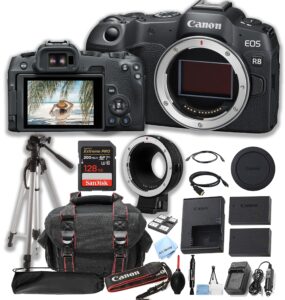 canon eos r8 mirrorless camera body + 128gb pro speed memory + ef-rf lens adapter +case + tripod -proffesional bundle (renewed)