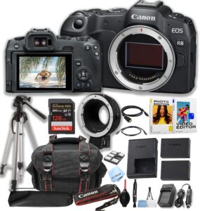 canon eos r8 mirrorless camera body + 128gb pro speed memory + ef-rf lens adapter +case + tripod + software pack-proffesional bundle (renewed)
