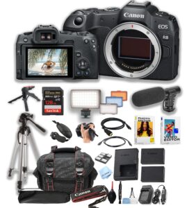 canon eos r8 mirrorless camera body + 128gb pro speed memory + led video light + microphone +case + tripod + software pack-video bundle (renewed)