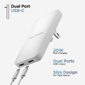 Flat 2-Port USB C Wall Charger, Ultra Slim Dual Power Adapter with Type-C Cable (20W) Fast Charging for iPhone 15, Pro Max/Samsung Galaxy Models (Folding Prongs)