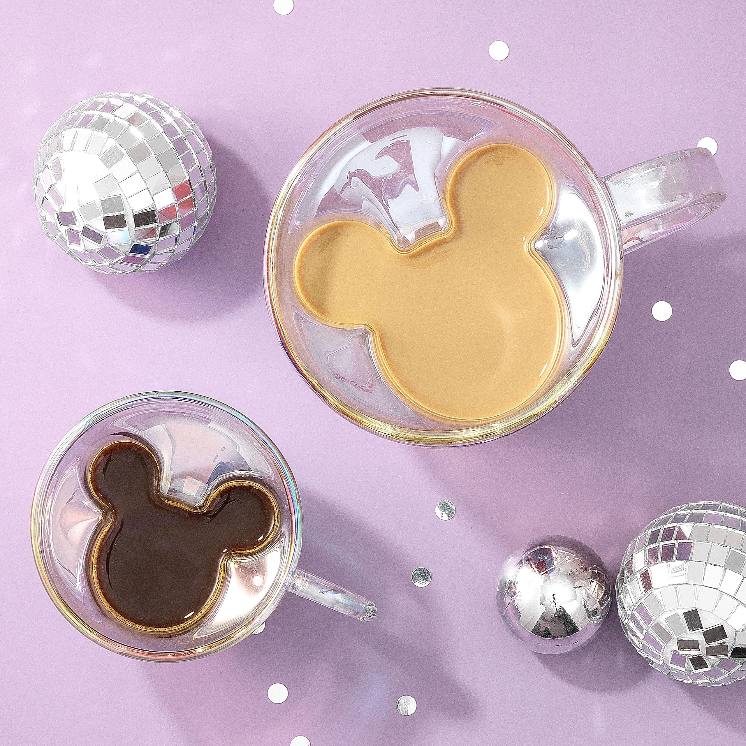 JoyJolt Disney Espresso Cups and Glasses. Disney 100 3D Mickey Mouse Coffee. 5.4oz Double Wall Glass, Insulated Coffee Mug. Iridescent Clear Coffee Cup. 100yrs Disney Merchandise, Glassware and Gifts