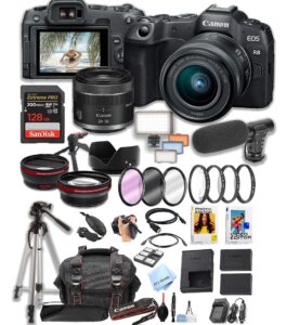 canon eos r8 mirrorless with rf 24-50mm f/4.5-6.3 is stm lens + 128gb pro speed memory + led video light + microphone +case + tripod + software pack-video bundle