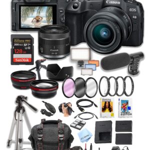 Canon EOS R8 Mirrorless with RF 24-50mm f/4.5-6.3 is STM Lens + 128GB Pro Speed Memory + Led Video Light + Microphone +Case + Tripod + Software Pack-Video Bundle