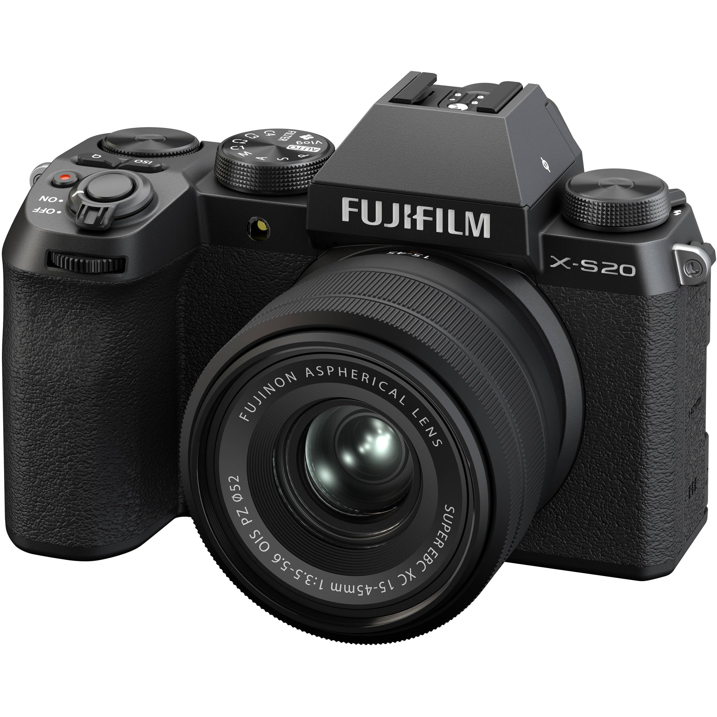 FUJIFILM X-S20 Mirrorless Camera with 15-45mm + FUJIFILM XF 8mm f/3.5 R WR Lens + Sigma 18-50mm f/2.8 DC DN Contemporary Lens + 2X 128GB Memory Card, LED Video Light + 7inch 4K Monitor (20pc Bundle)