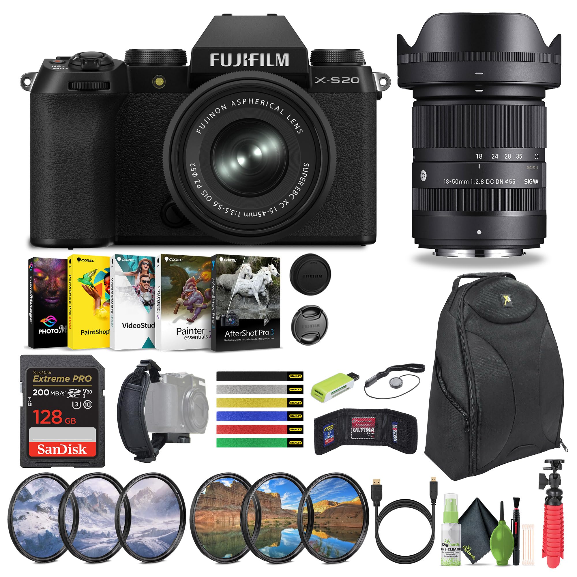 FUJIFILM X-S20 Mirrorless Camera with 15-45mm and Sigma 18-50mm f/2.8 DC DN Contemporary Lens Bundle with 128GB Memory Card, Vlogger Tripod and More Accessories, Ideal Vlogging Kit (15pc Bundle)