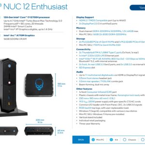 Intel NUC 12 Enthusiast NUC12SNKi7 Mini PC Core i7-12700H | 14 Cores/20 Threads | ARC A770 Graphics | Windows 11 Pro 8GB RAM | 256GB SSD | Packed Connectivity 6 USB-A, 2 USB-C, 1 HDMI, 2 Display Ports