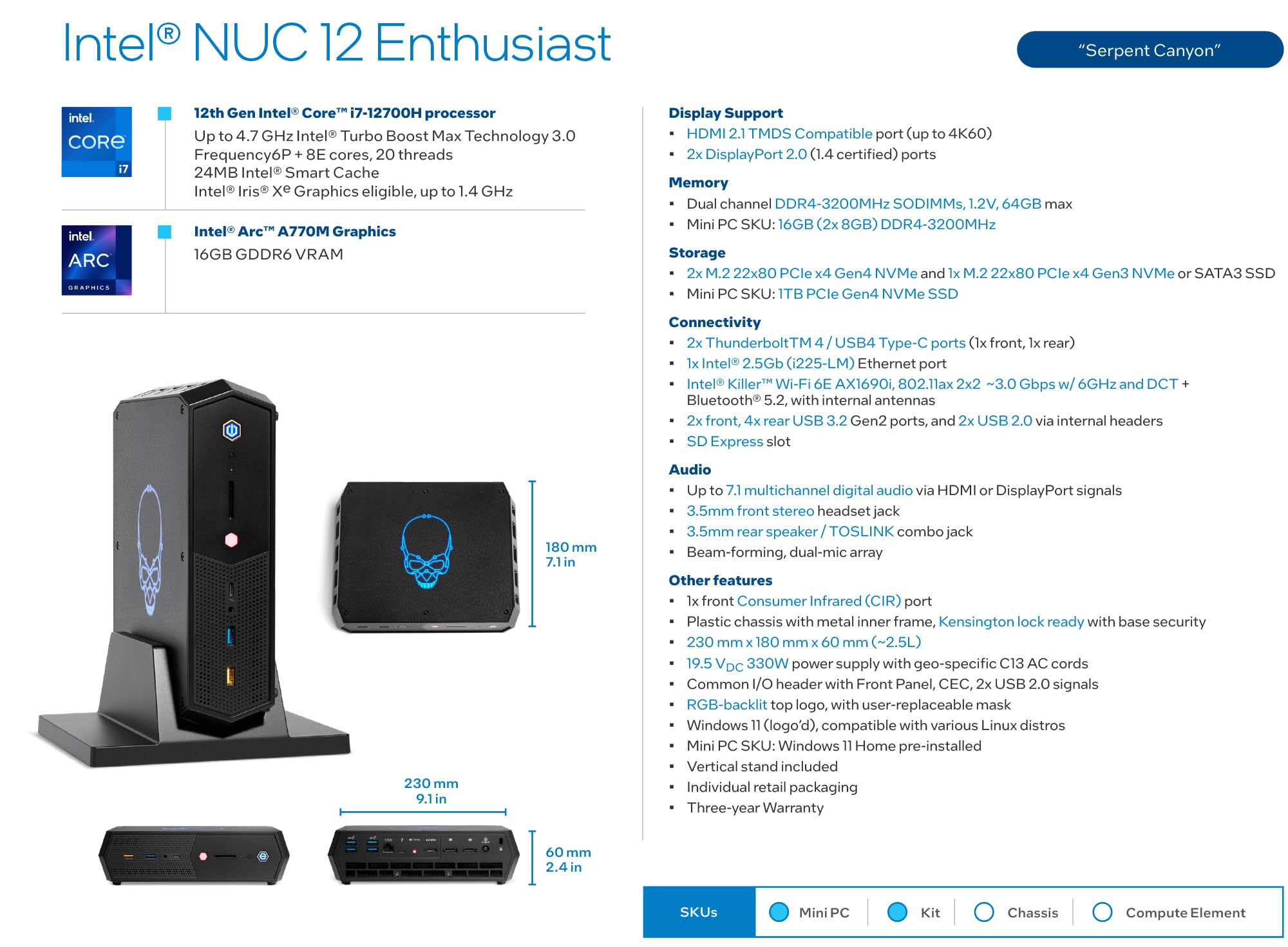 Intel NUC 12 Enthusiast NUC12SNKi7 Mini PC Core i7-12700H | 14 Cores/20 Threads | ARC A770 Graphics | Windows 11 Pro 8GB RAM | 256GB SSD | Packed Connectivity 6 USB-A, 2 USB-C, 1 HDMI, 2 Display Ports