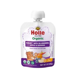 holle baby yogurt pouches - organic yogurt with blueberry, apple & banana fruit purée - drinkable yogurt pouches for kids & babies 8 months & up - (10 pack) shelf stable, non-gmo with 0 sugar added